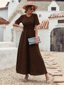 Solid Elastic Waist A-line Dress - Coffee Brown - View 5