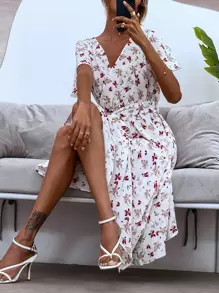 SHEIN LUNE 交叉領腰帶滿版花卉連衣裙 - 彩色 - 查看 1