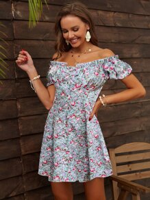 小碎花露肩紐扣連衣裙