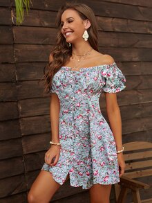 小碎花露肩紐扣連衣裙