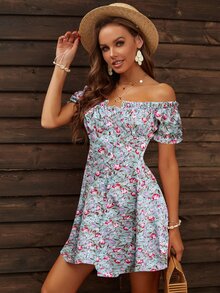 小碎花露肩紐扣連衣裙