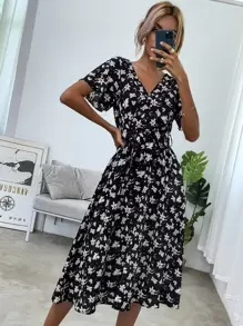 SHEIN LUNE Allover Floral Print Flounce Sleeve Belted Dress - Multicolor - View 1