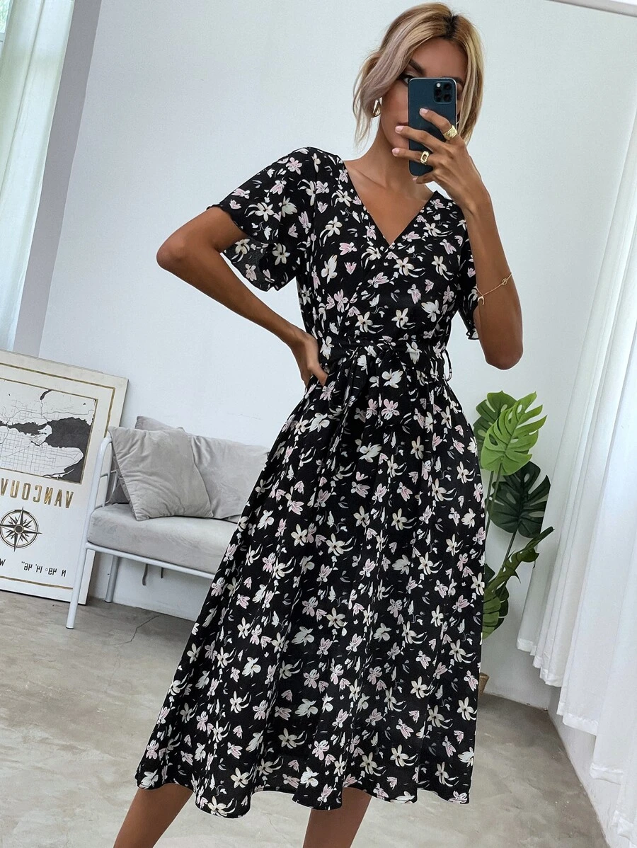 SHEIN LUNE Allover Floral Print Flounce Sleeve Belted Dress - Multicolor - View 1