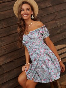 小碎花露肩紐扣連衣裙