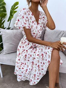 SHEIN LUNE 交叉領腰帶滿版花卉連衣裙 - 彩色 - 查看 3