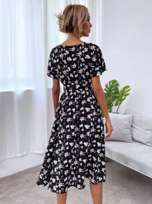 SHEIN LUNE Allover Floral Print Flounce Sleeve Belted Dress - Multicolor - View 2