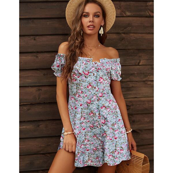 

Ditsy Floral Off Shoulder Button Front Dress, Multicolor