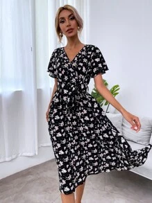 SHEIN LUNE Allover Floral Print Flounce Sleeve Belted Dress - Multicolor - View 3