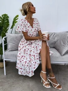 SHEIN LUNE 交叉領腰帶滿版花卉連衣裙 - 彩色 - 查看 4