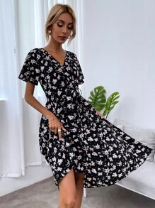 SHEIN LUNE Allover Floral Print Flounce Sleeve Belted Dress - Multicolor - View 4