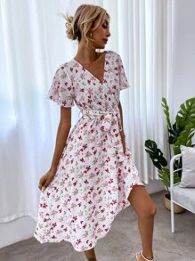 SHEIN LUNE 交叉領腰帶滿版花卉連衣裙 - 彩色 - 查看 5