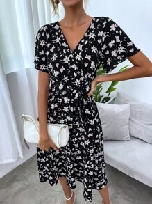 SHEIN LUNE Allover Floral Print Flounce Sleeve Belted Dress - Multicolor - View 5