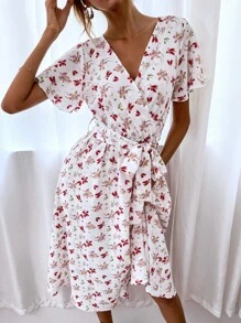 SHEIN LUNE 交叉領腰帶滿版花卉連衣裙 - 彩色 - 查看 6