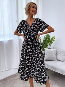 SHEIN LUNE Allover Floral Print Flounce Sleeve Belted Dress - Multicolor - View 6