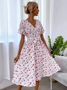 SHEIN LUNE 交叉領腰帶滿版花卉連衣裙 - 彩色 - 查看 7