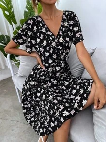 SHEIN LUNE Allover Floral Print Flounce Sleeve Belted Dress - Multicolor - View 7