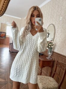 V Neck Cable Knit Jumper Dress - White - View 1