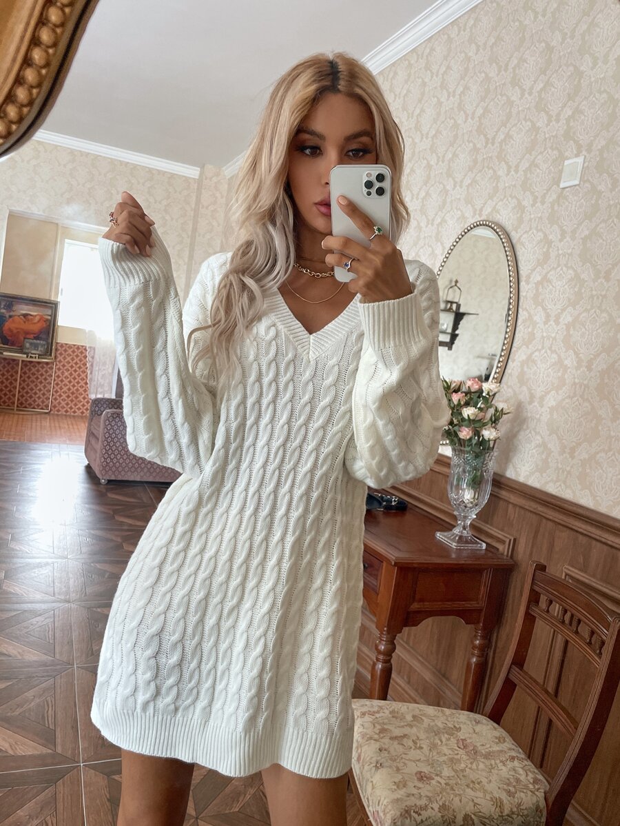 V Neck Cable Knit Jumper Dress - White - View 1
