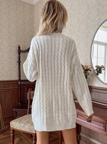 V Neck Cable Knit Jumper Dress - White - View 2