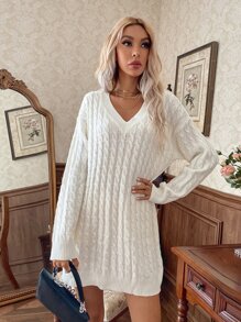 V Neck Cable Knit Jumper Dress - White - View 3