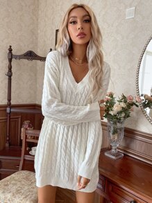 V Neck Cable Knit Jumper Dress - White - View 5