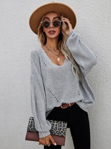 SHEIN LUNE Drop Shoulder Eyelet Detail Jumper - Light Grey - View 1
