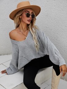 SHEIN LUNE Drop Shoulder Eyelet Detail Jumper - Light Grey - View 3