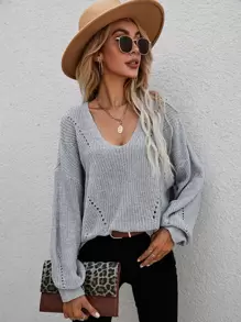 SHEIN LUNE Drop Shoulder Eyelet Detail Jumper - Light Grey - View 4