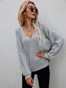 SHEIN LUNE Drop Shoulder Eyelet Detail Jumper - Light Grey - View 5