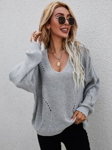 SHEIN LUNE Drop Shoulder Eyelet Detail Jumper - Light Grey - View 6