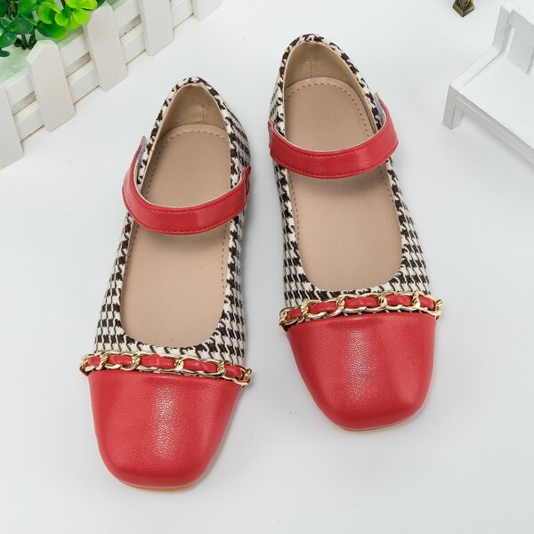 

Girls Houndstooth Chain Decor Mary Jane Flats, Red