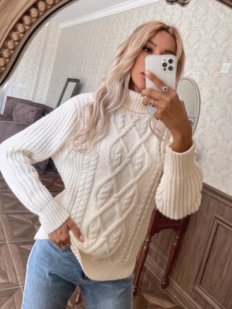 Turtleneck Drop Shoulder Solid Sweater