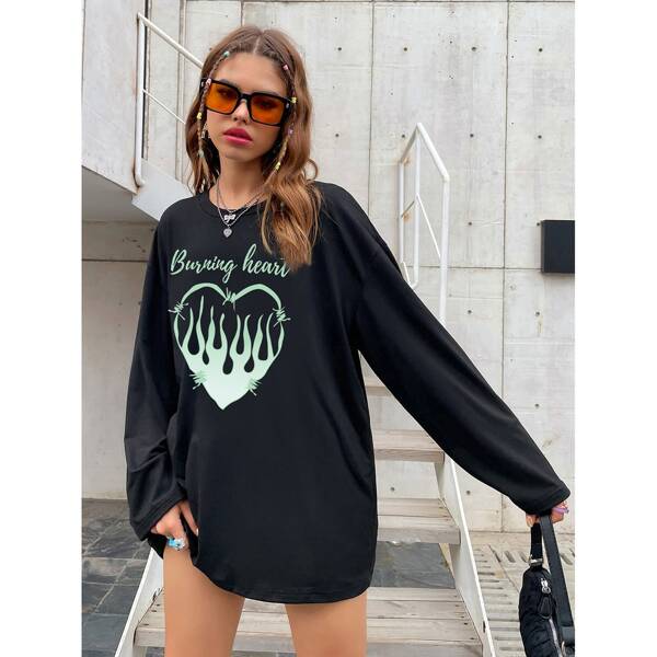 

Letter & Heart Print Drop Shoulder Oversized Tee, Black