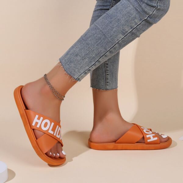 

Letter Graphic Cross Strap Slides, Orange