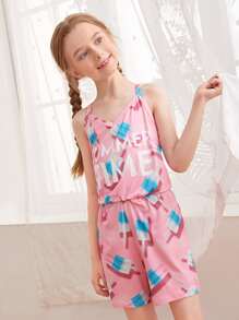 Girls Popsicle & Letter Graphic Cami Romper - Baby Pink - View 1
