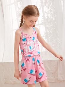 Girls Popsicle & Letter Graphic Cami Romper - Baby Pink - View 3