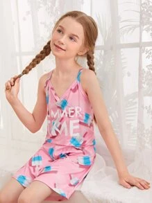 Girls Popsicle & Letter Graphic Cami Romper - Baby Pink - View 5