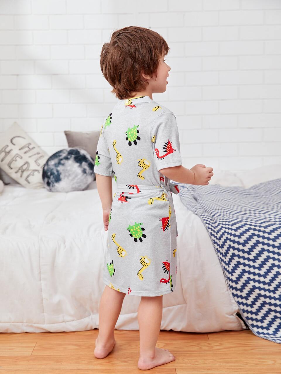 Toddler Boys Cartoon Dinosaur Print Robe With Belt