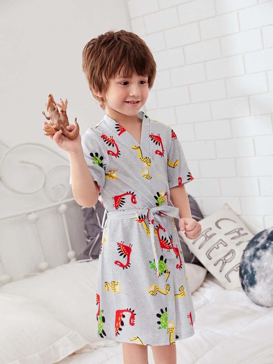 Toddler Boys Cartoon Dinosaur Print Robe With Belt