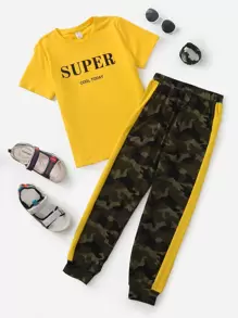 SHEIN Boys Letter Graphic Top & Contrast Sideseam Camo Trousers Set - Multicolor - View 1