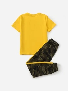 SHEIN Boys Letter Graphic Top & Contrast Sideseam Camo Trousers Set - Multicolor - View 2