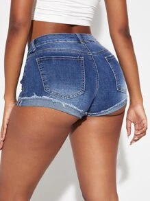 SHEIN SXY Roll Hem Ripped Detail Denim Shorts