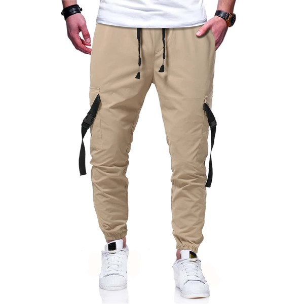 

Men Flap Pocket Buckled Drawstring Waist Joggers, Khaki