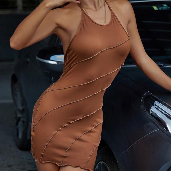 

Tie Backless Lecture Trim Bodycon Dress, Coffee brown