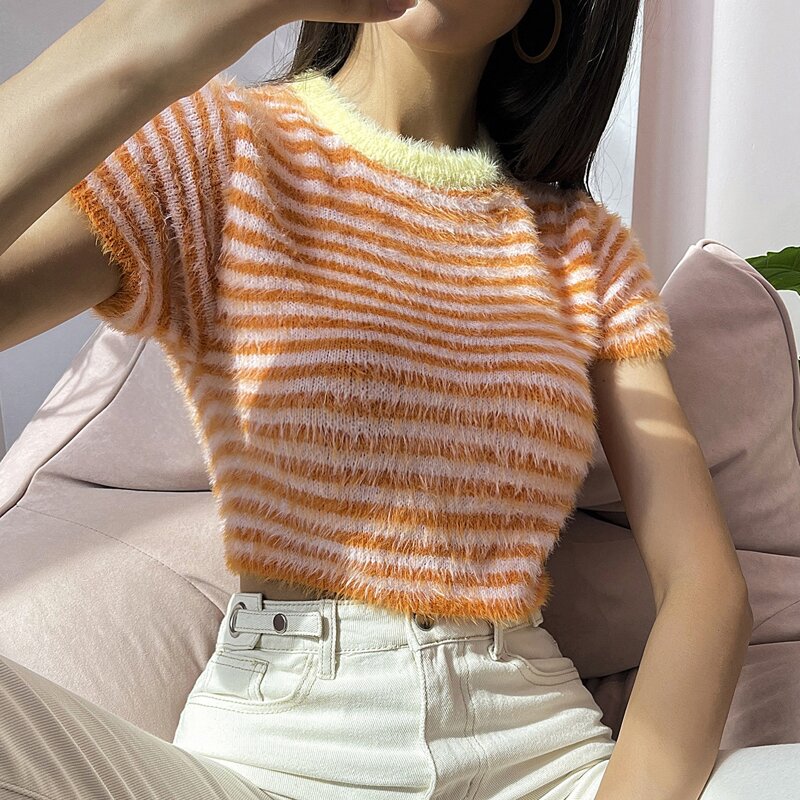 

Striped Crop Fluffy Knit Top, Multicolor