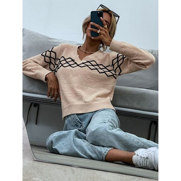 

V Neck Topstitching Sweater, Apricot