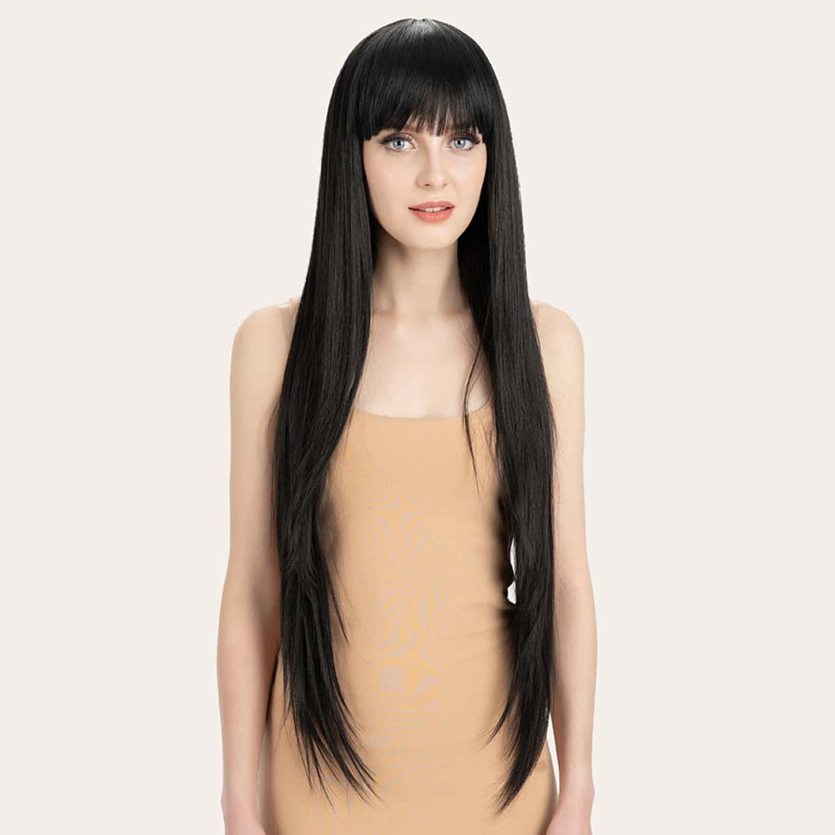 

Natural Long Straight Wig With Bangs, Black