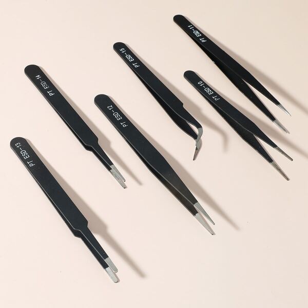 

6pcs Eyelash Extension Tweezers, Black