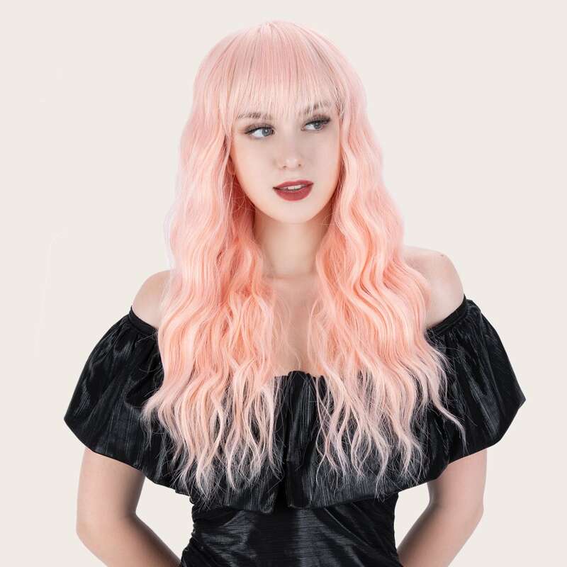 

Natural Long Curly Wig With Bangs, Pink