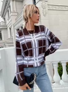 Jersey patrón de cuadros & de rayas de hombros caídos